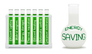 Formula of energy saving. Concept with green and white flasks.